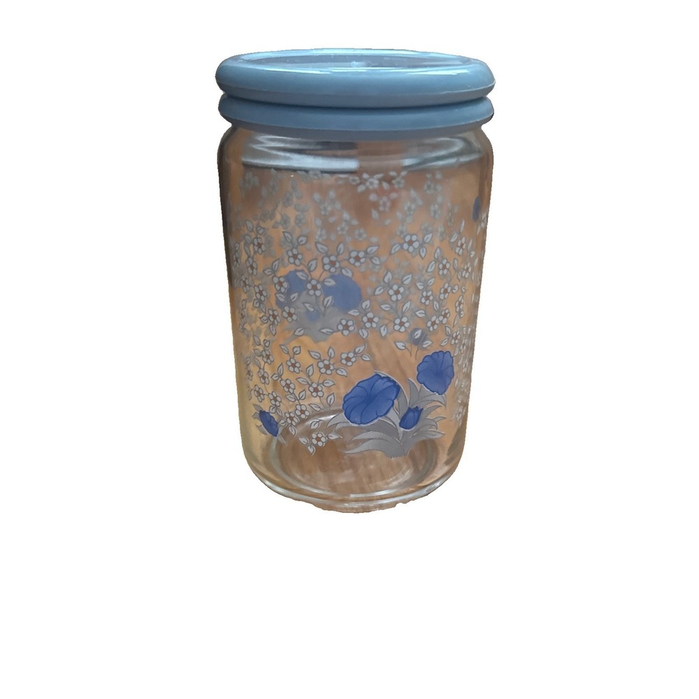 KIG Indonesia Glass Jar With Plastic Lid, Morning glory Daisy Print Rare Cottage